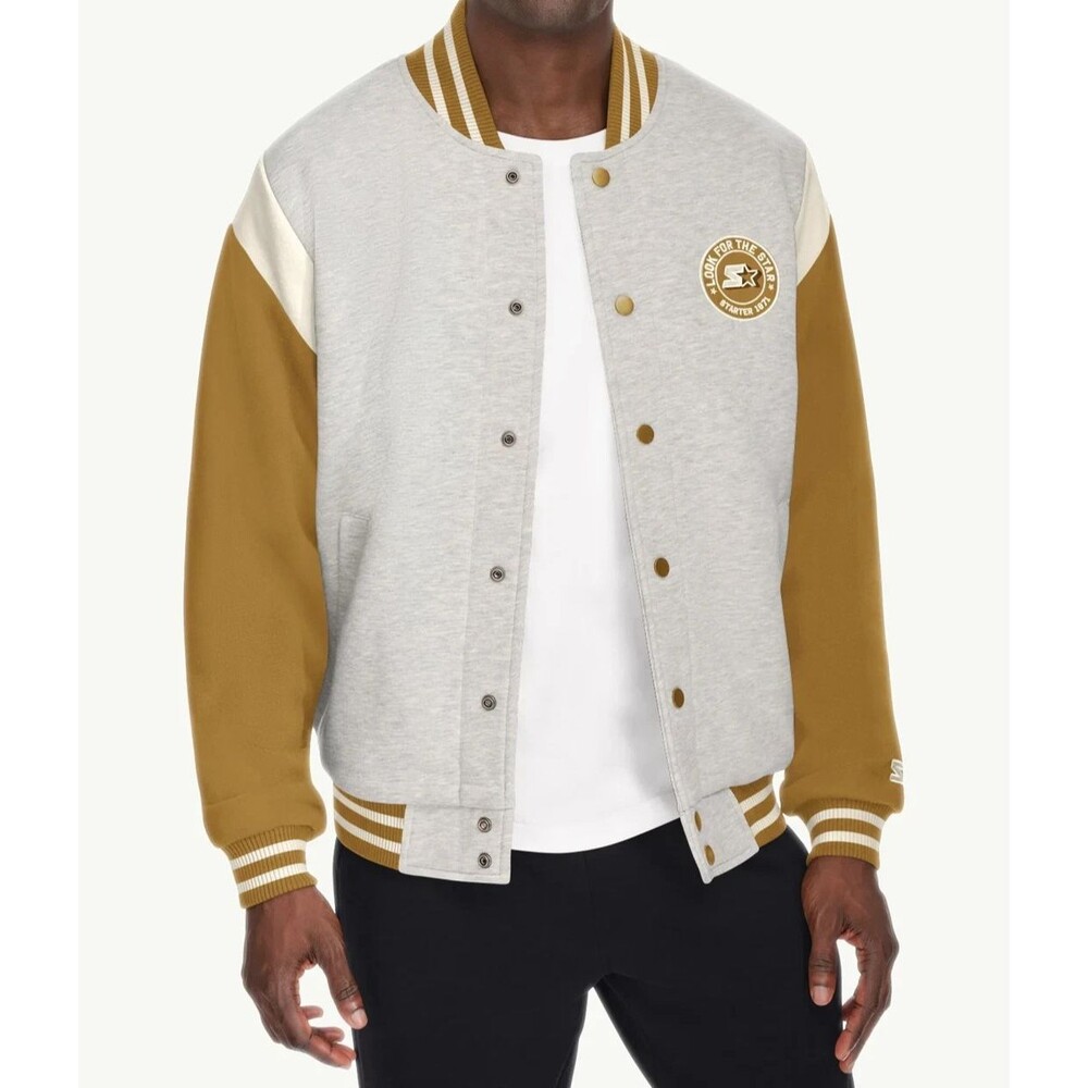 STARTER Varsity Jacket Mens Medium Gray Tan Heavyweight Fleece Snap Pocket Lined